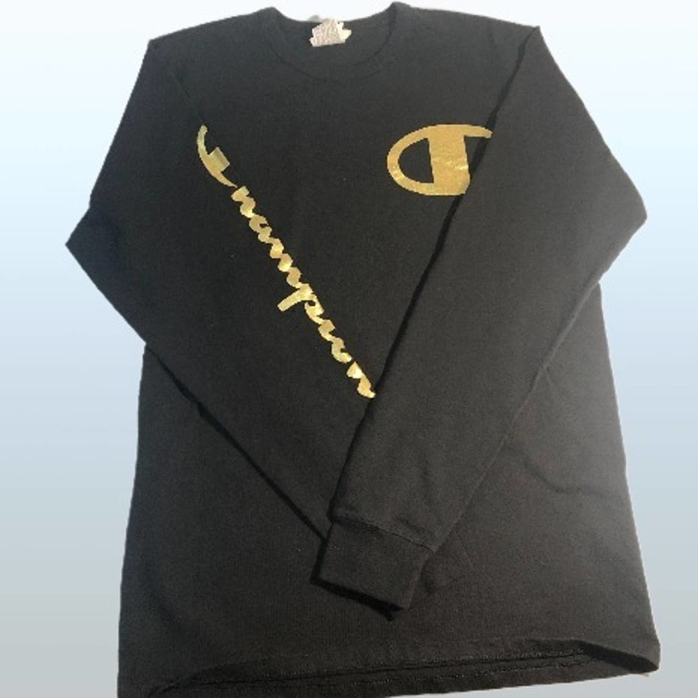 ⭐ 3/$15 Champion Heritage L/Sleeve T-Shirt Black w Gold SPELLOUT L